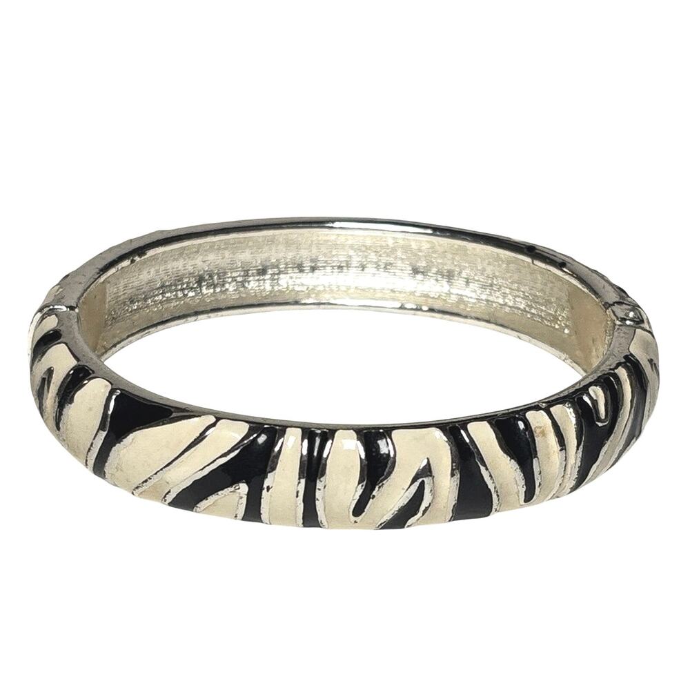 Vintage Black Ivory Zebra Stripe Hinged Bangle Bracelet Safari Glam Y2K